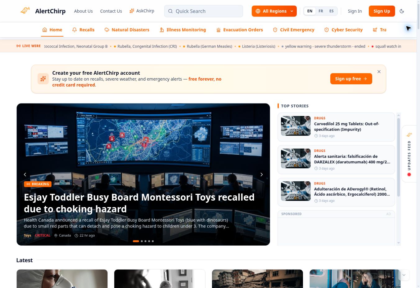 Screenshot of the AlertChirp landing page