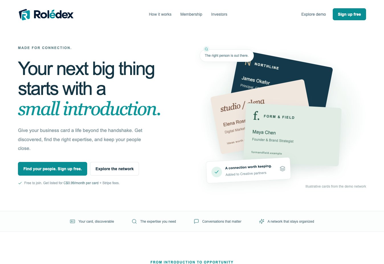 Screenshot of the Rolédex landing page
